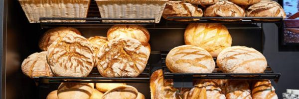 Fresh bread on shelves in a bakery